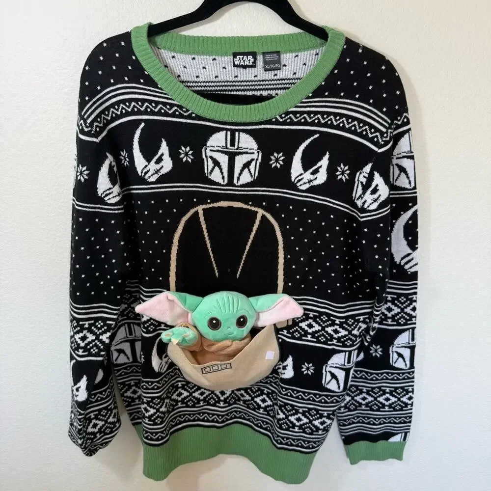 UNISEX STAR WARs Black and Green Sweater with Baby Yoda